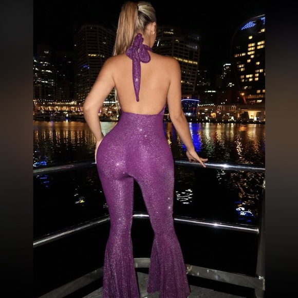 Women's Sparkly Party Cross Halter Flare Jumpsuit - Picture 2 of 5